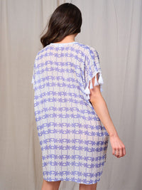 WOMEN'S SHORT TASSEL SLEEVE V-NECK PRINT TUNIC MINI DRESS