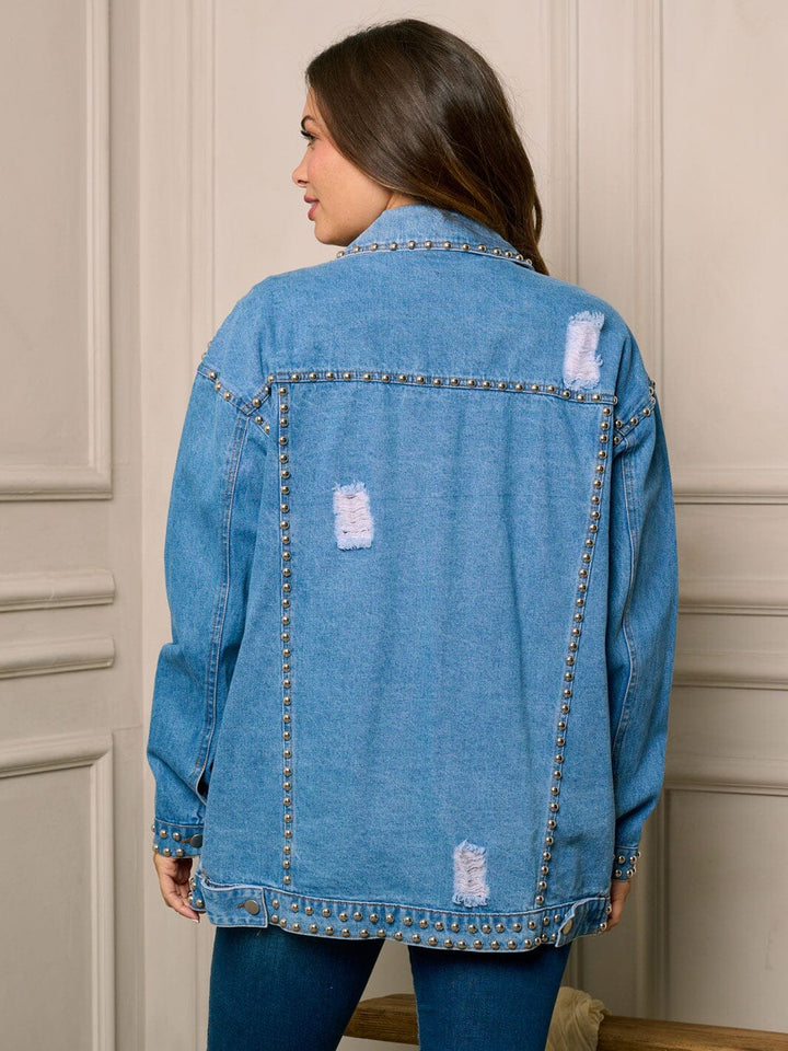 WOMEN'S LONG SLEEVE BUTTON UP DISTRESS STUDS DENIM JACKET