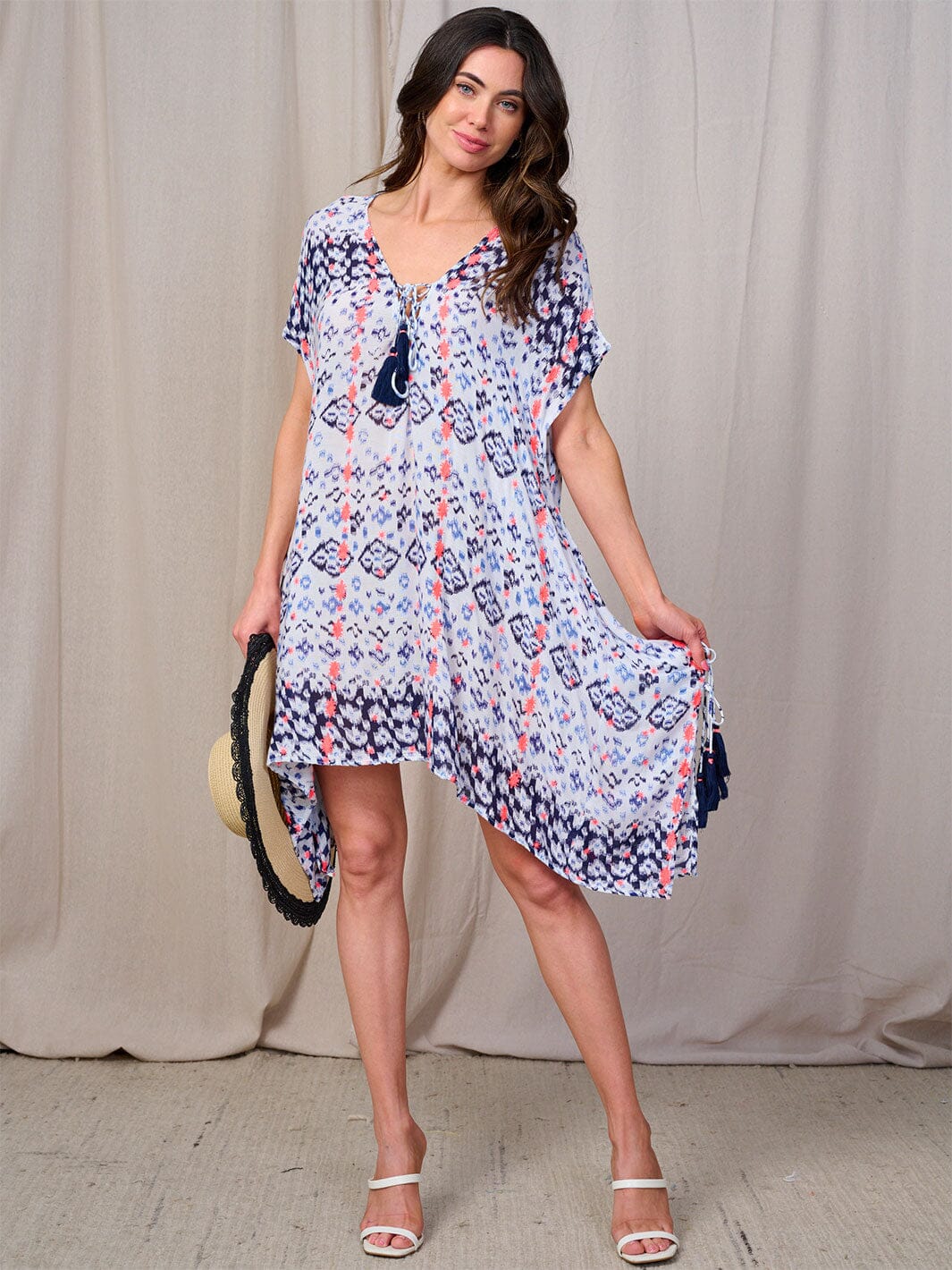 WOMEN'S SHORT SLEEVE V-NECK MULTI PRINT HIGH-LOW MINI DRESS