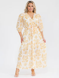 PLUS SIZE 3/4 SLEEVE SURPLICE SELF TIE EYELET LEAF PRINT MAXI DRESS
