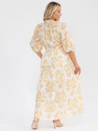 PLUS SIZE 3/4 SLEEVE SURPLICE SELF TIE EYELET LEAF PRINT MAXI DRESS