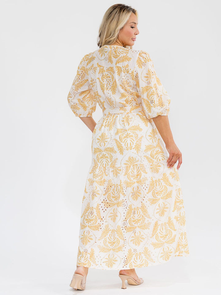 PLUS SIZE 3/4 SLEEVE SURPLICE SELF TIE EYELET LEAF PRINT MAXI DRESS