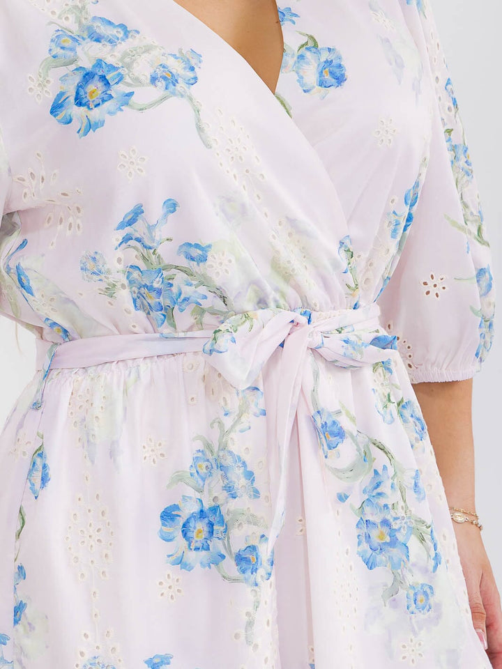 PLUS SIZE 3/4 SLEEVE SURPLICE SELF TIE EYELET FLORAL PRINT MAXI DRESS