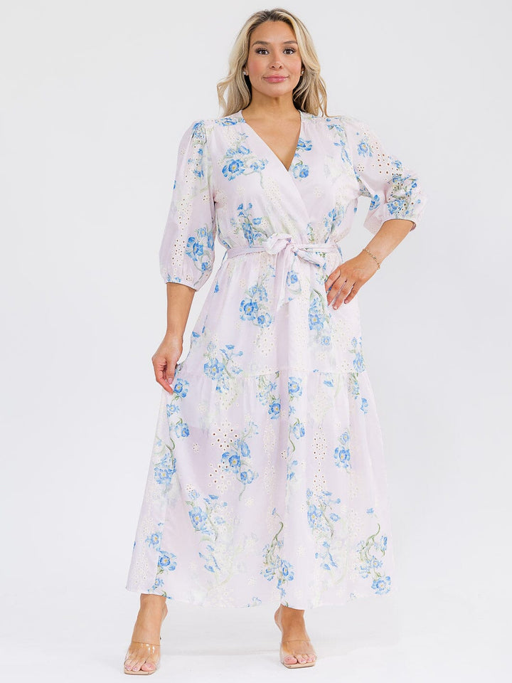 PLUS SIZE 3/4 SLEEVE SURPLICE SELF TIE EYELET FLORAL PRINT MAXI DRESS