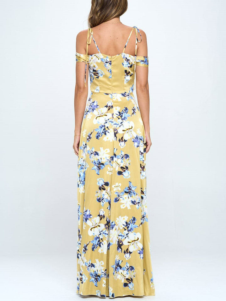 WOMEN'S COLD SHOULDER RUFFLE FLORAL MAXI DRESS