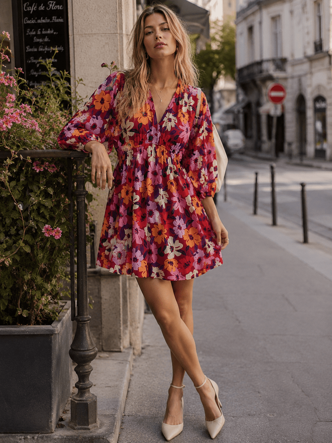 WOMEN'S SHORT SLEEVE V-NECK ELASTIC WAIST FLORAL MINI DRESS
