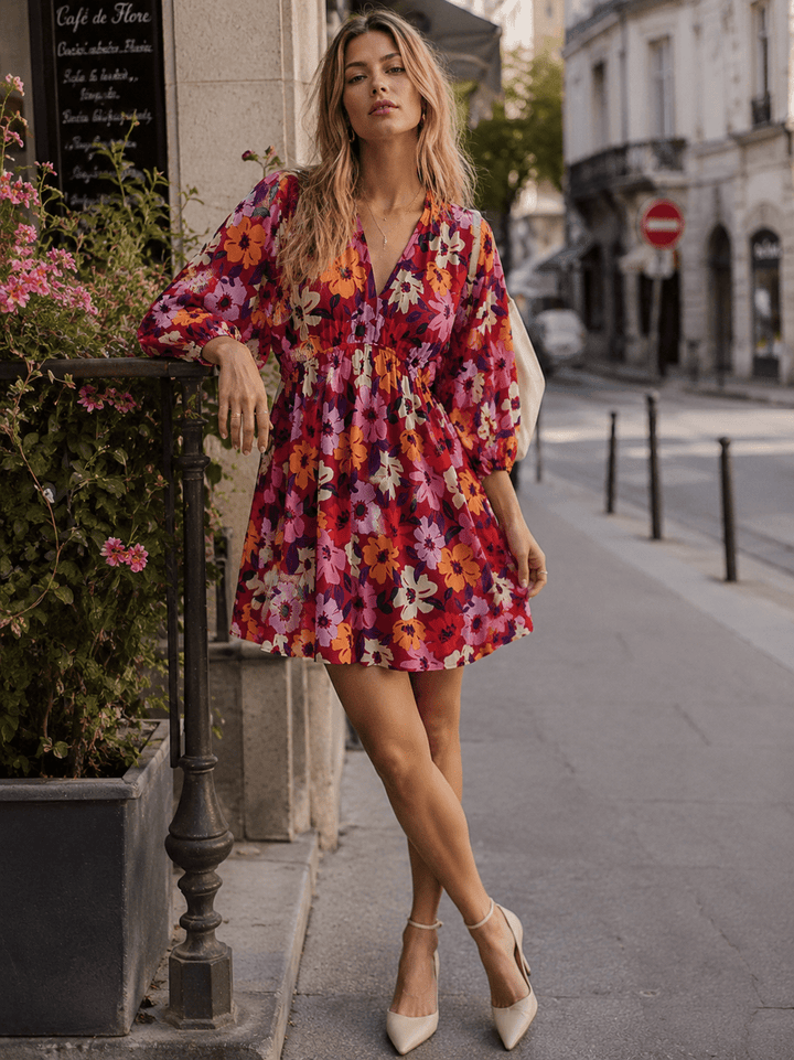 WOMEN'S SHORT SLEEVE V-NECK ELASTIC WAIST FLORAL MINI DRESS