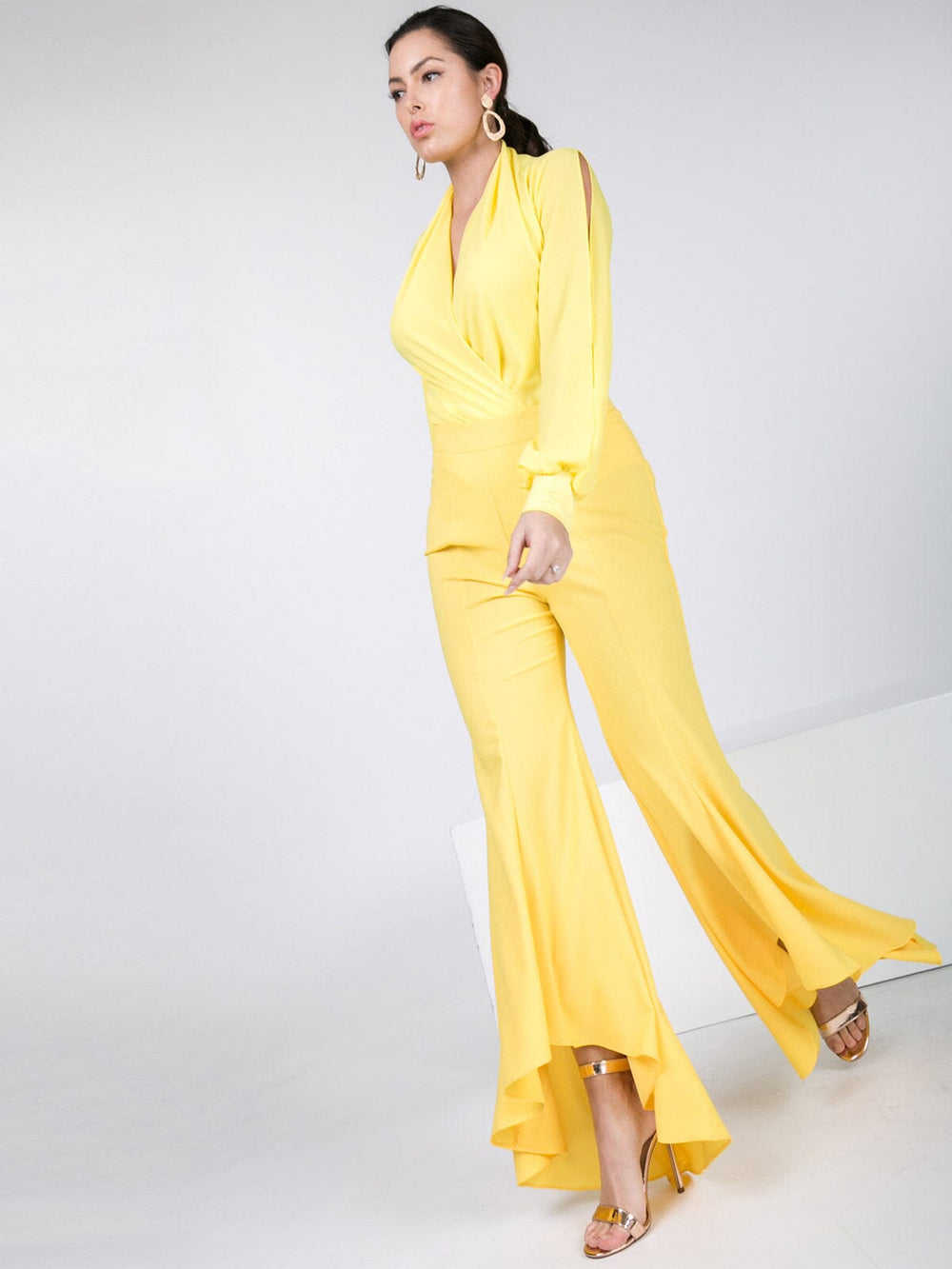 WOMEN'S ZIP UP RUFFLE BELL LEG PANTS