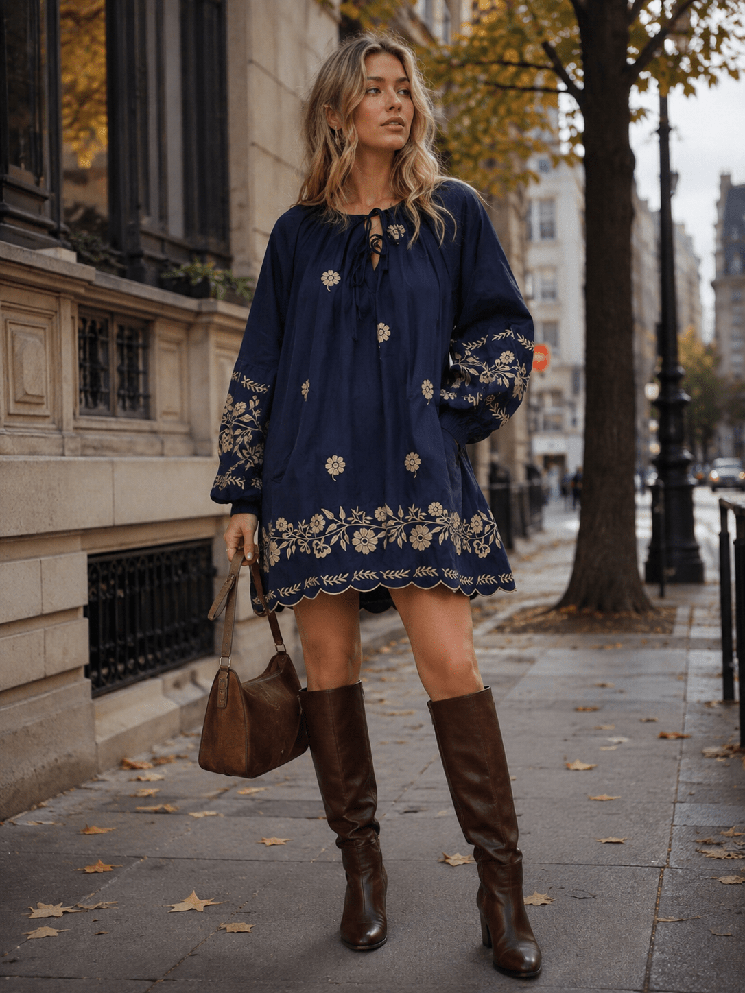 WOMEN'S LONG SLEEVE FRONT POCKETS EMBROIDERY FLORAL TUNIC MINI DRESS