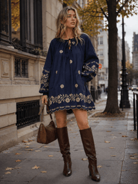 WOMEN'S LONG SLEEVE FRONT POCKETS EMBROIDERY FLORAL TUNIC MINI DRESS