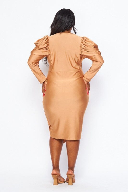 PLUS SIZE LONG PUFF SLEEVE SURPLICE BODYCON MIDI DRESS