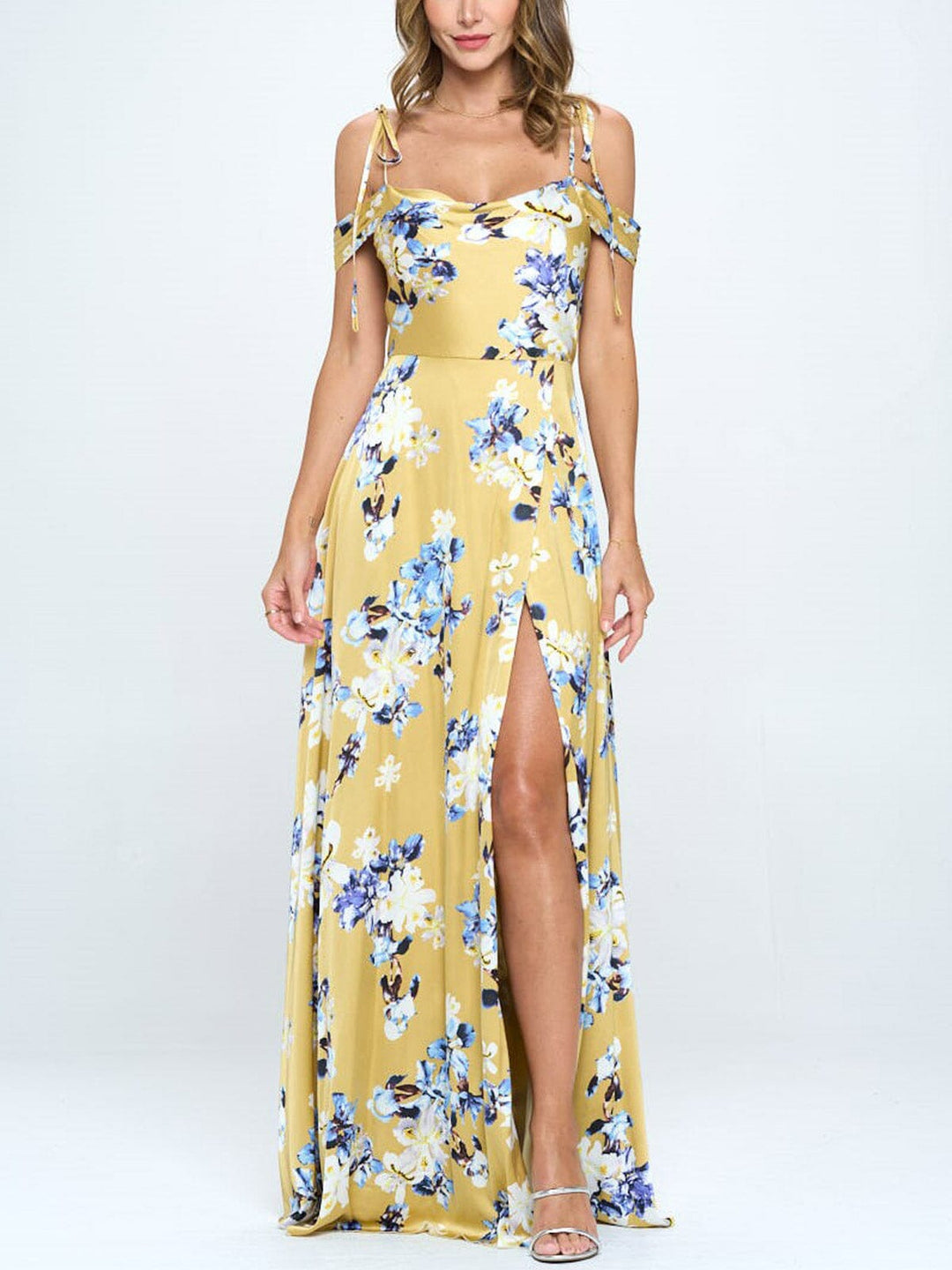 WOMEN'S COLD SHOULDER RUFFLE FLORAL MAXI DRESS