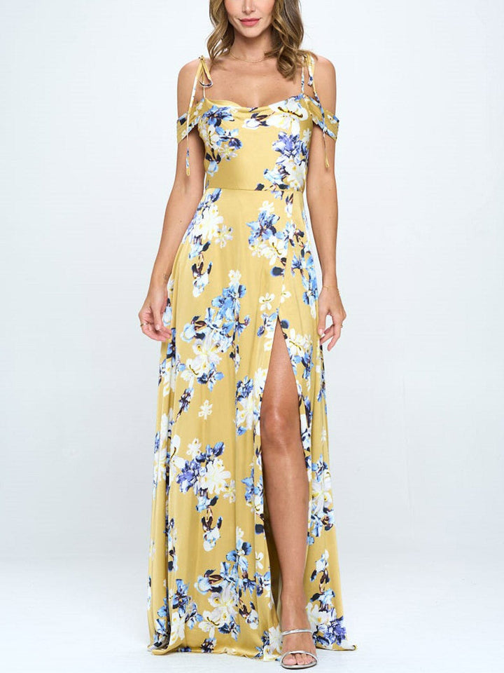 WOMEN'S COLD SHOULDER RUFFLE FLORAL MAXI DRESS