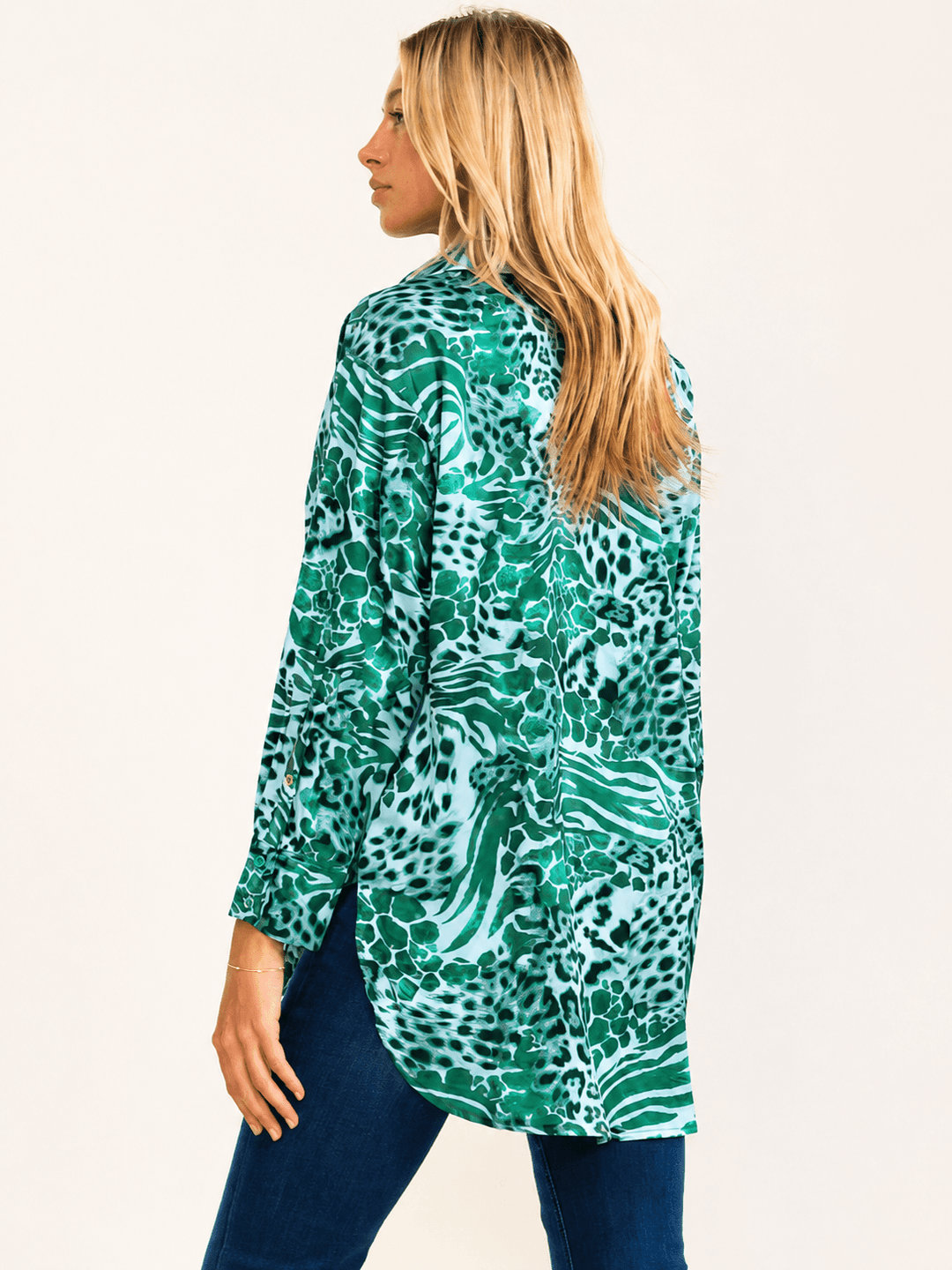WOMEN'S LONG SLEEVE BUTTON UP HIGH-LOW ANIMAL PRINT BLOUSE