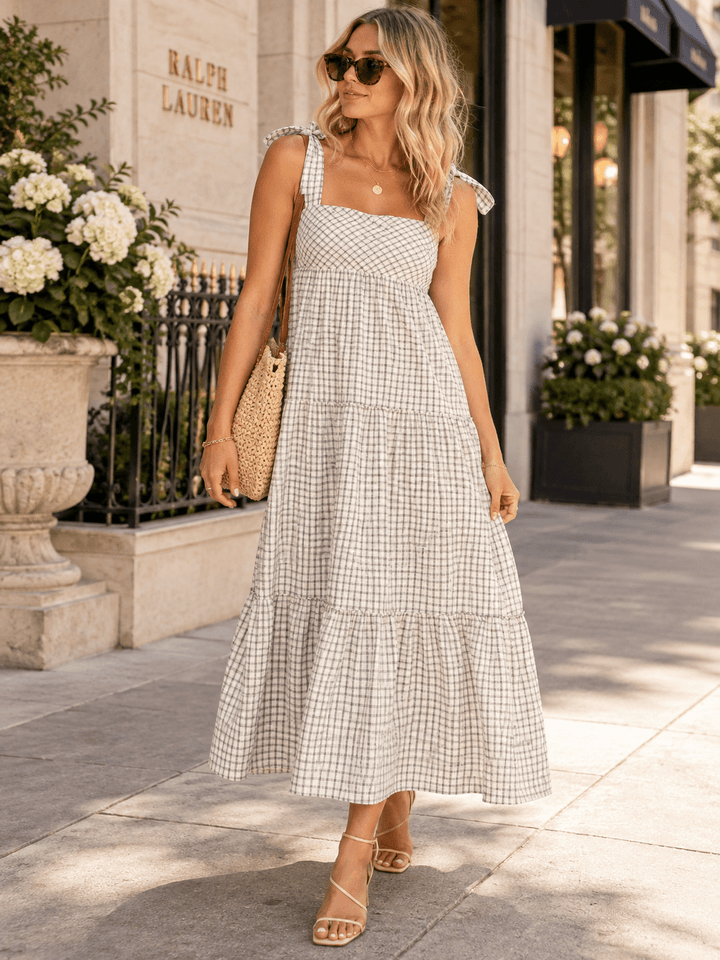 WOMEN'S SLEEVELES TIERED PLAID SMOCK MAXI DRESS
