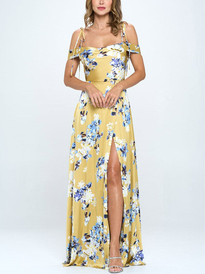 WOMEN'S COLD SHOULDER RUFFLE FLORAL MAXI DRESS