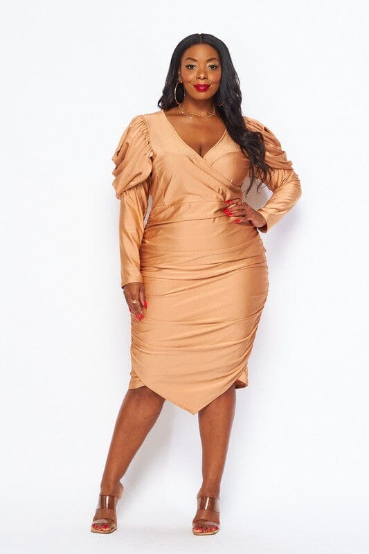 PLUS SIZE LONG PUFF SLEEVE SURPLICE BODYCON MIDI DRESS