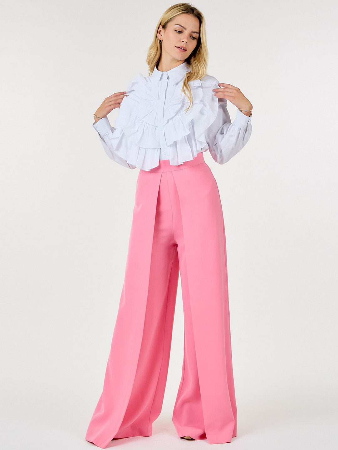 WOMEN'S ZIP UP PLEATED FRONT WIDE LEG PANTS