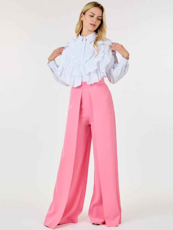 WOMEN'S ZIP UP PLEATED FRONT WIDE LEG PANTS