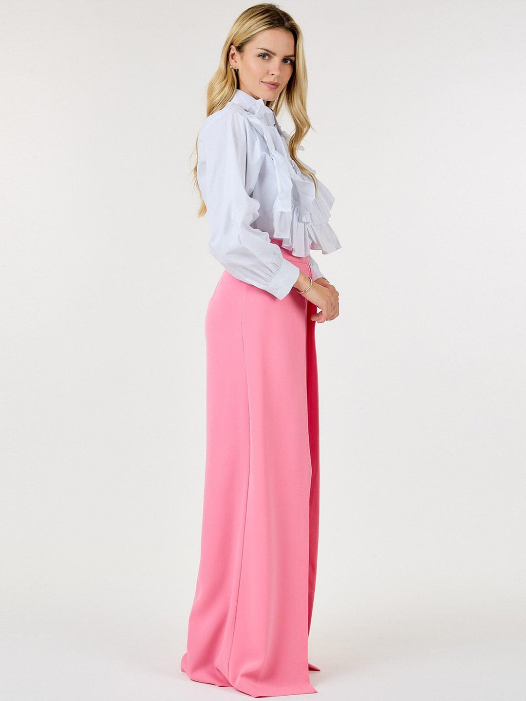 WOMEN'S ZIP UP PLEATED FRONT WIDE LEG PANTS