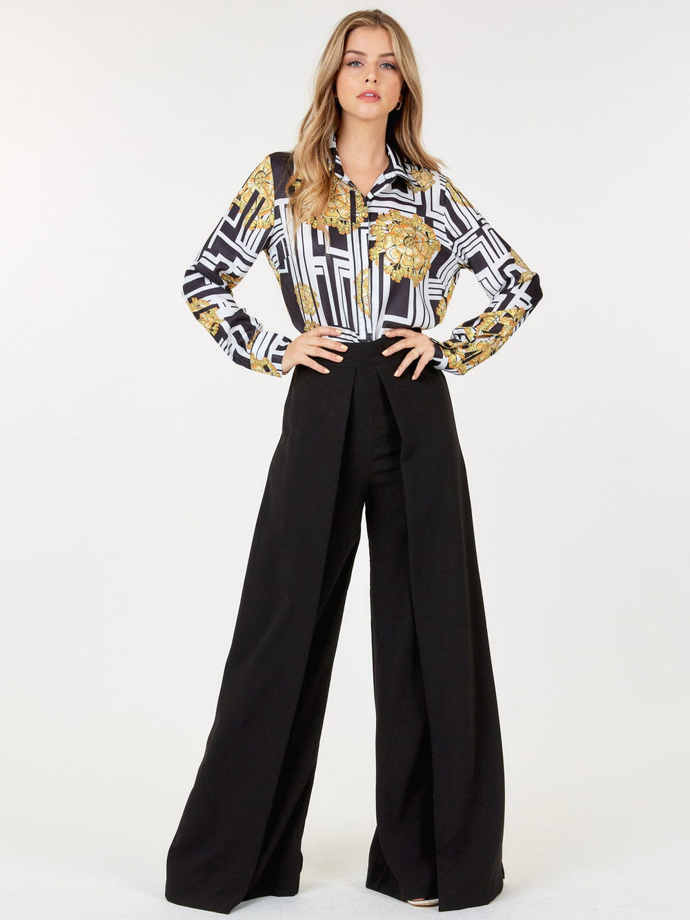 WOMEN'S ZIP UP PLEATED FRONT WIDE LEG PANTS