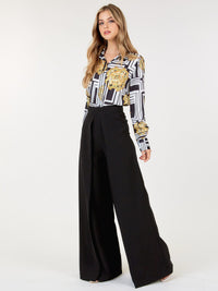WOMEN'S ZIP UP PLEATED FRONT WIDE LEG PANTS