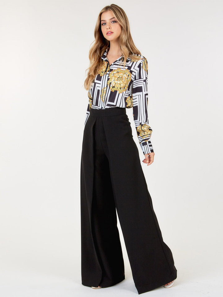 WOMEN'S ZIP UP PLEATED FRONT WIDE LEG PANTS