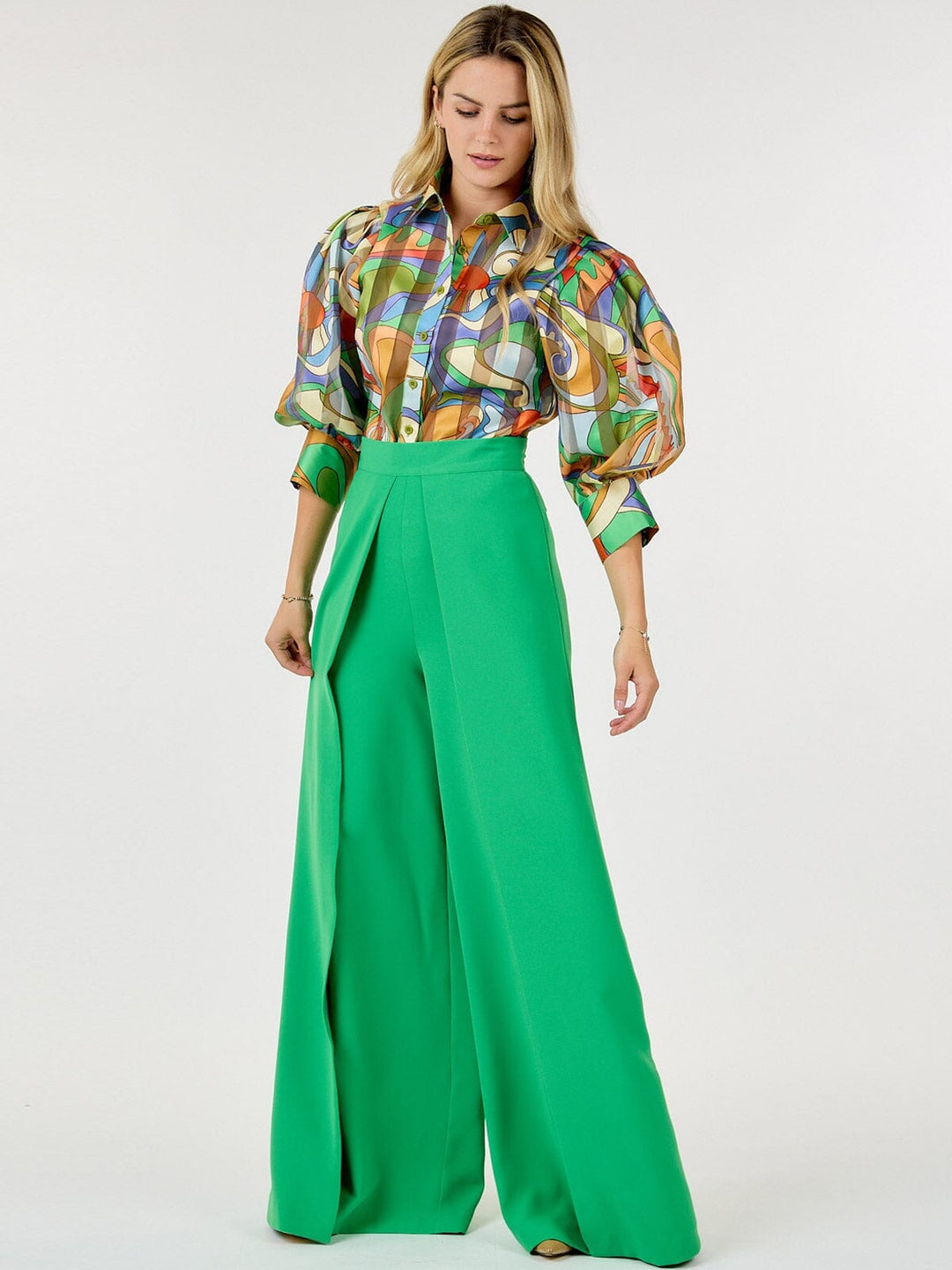 WOMEN'S ZIP UP PLEATED FRONT WIDE LEG PANTS