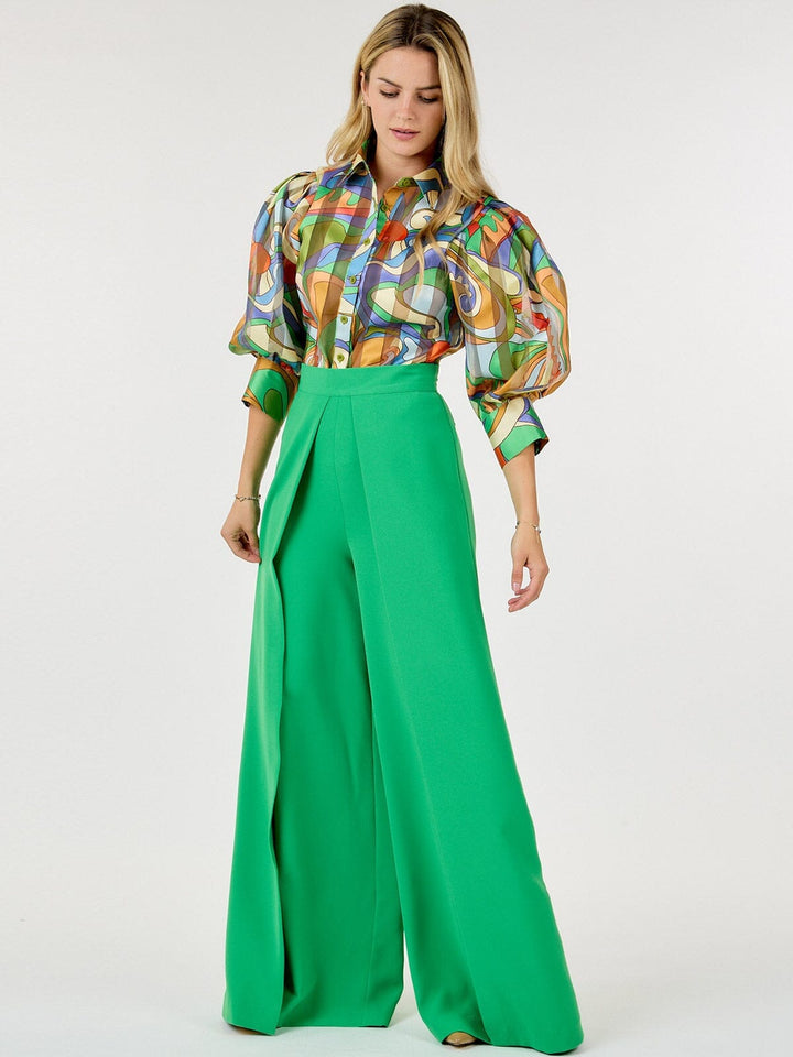 WOMEN'S ZIP UP PLEATED FRONT WIDE LEG PANTS