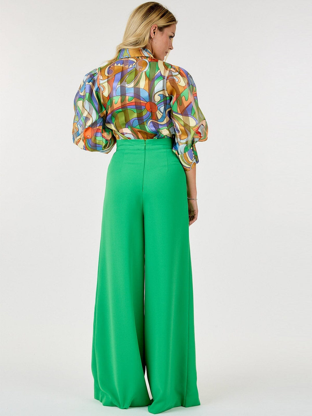 WOMEN'S ZIP UP PLEATED FRONT WIDE LEG PANTS