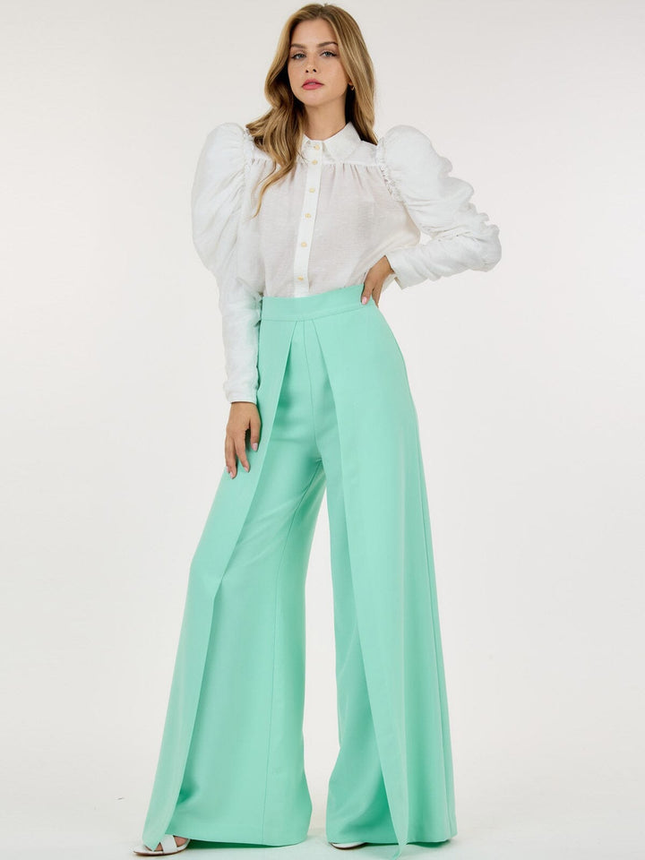 WOMEN'S ZIP UP PLEATED FRONT WIDE LEG PANTS