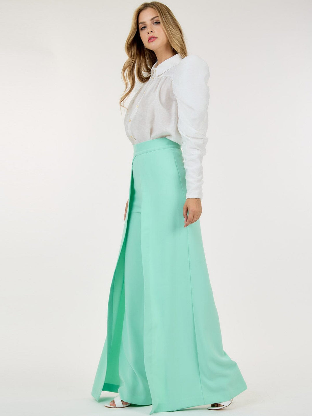 WOMEN'S ZIP UP PLEATED FRONT WIDE LEG PANTS