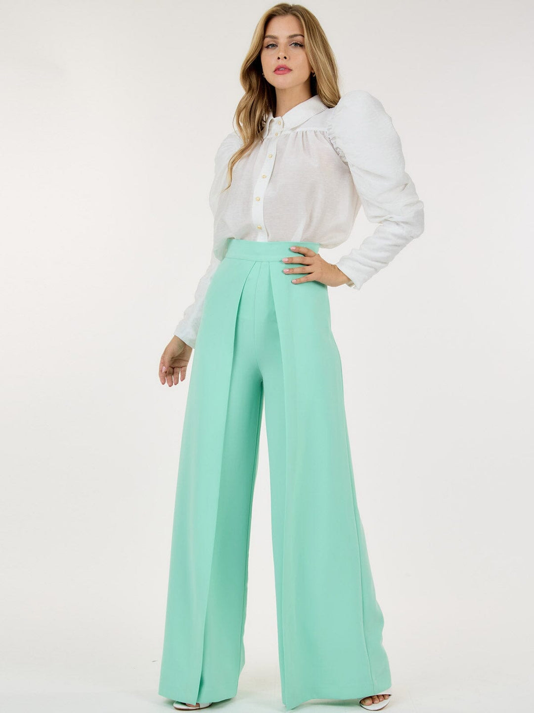 WOMEN'S ZIP UP PLEATED FRONT WIDE LEG PANTS