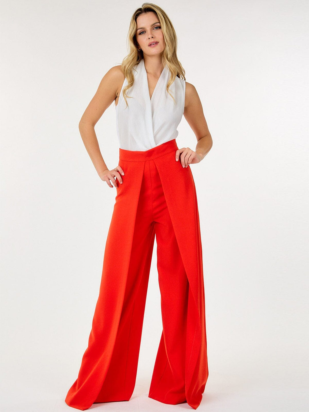 WOMEN'S ZIP UP PLEATED FRONT WIDE LEG PANTS