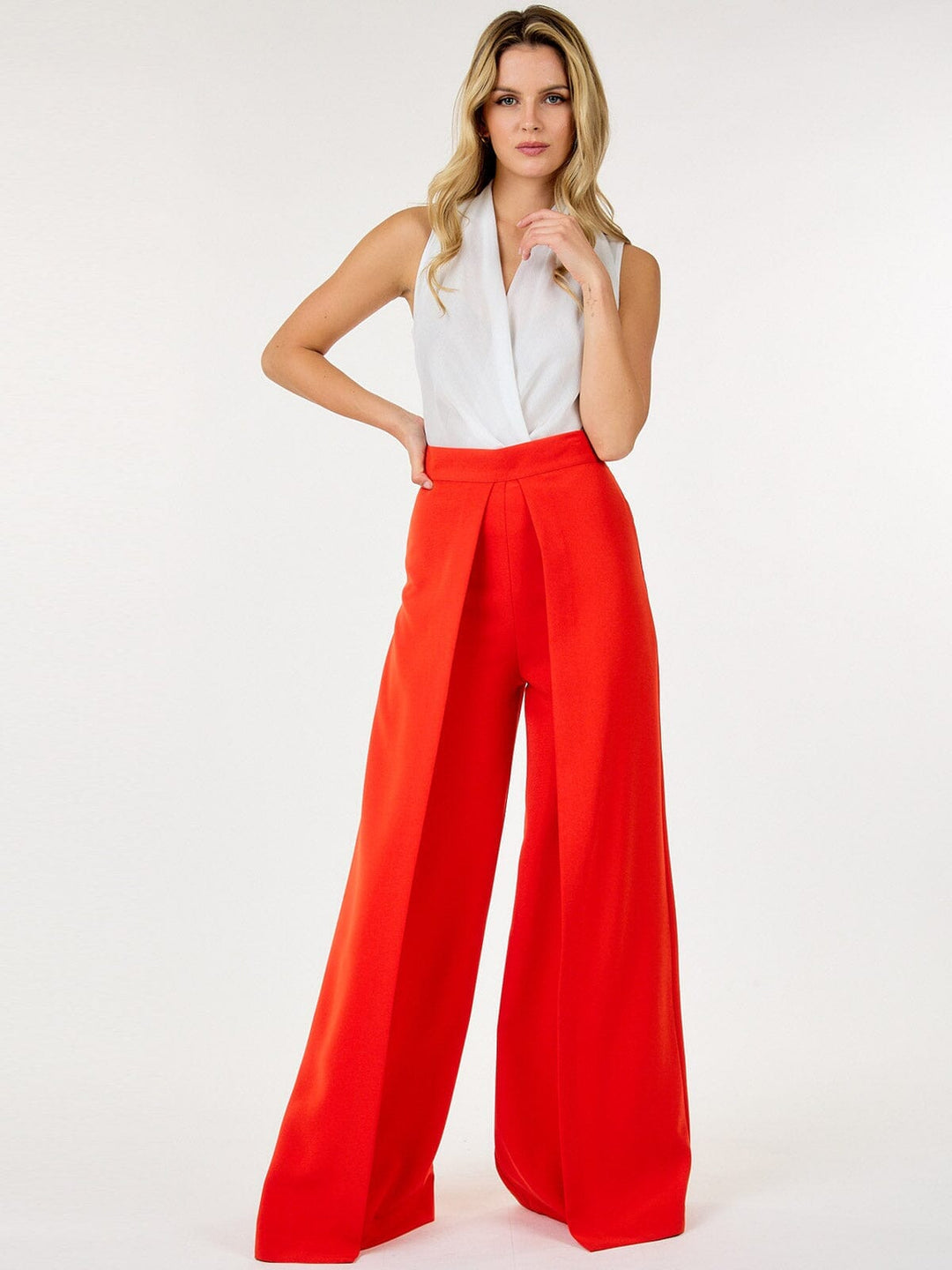 WOMEN'S ZIP UP PLEATED FRONT WIDE LEG PANTS