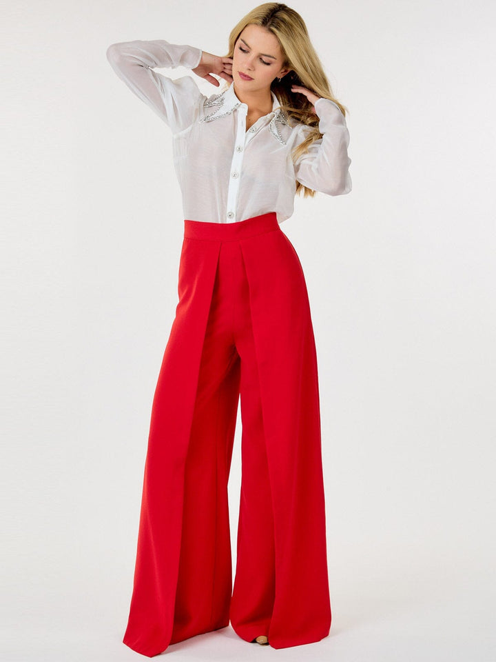 WOMEN'S ZIP UP PLEATED FRONT WIDE LEG PANTS