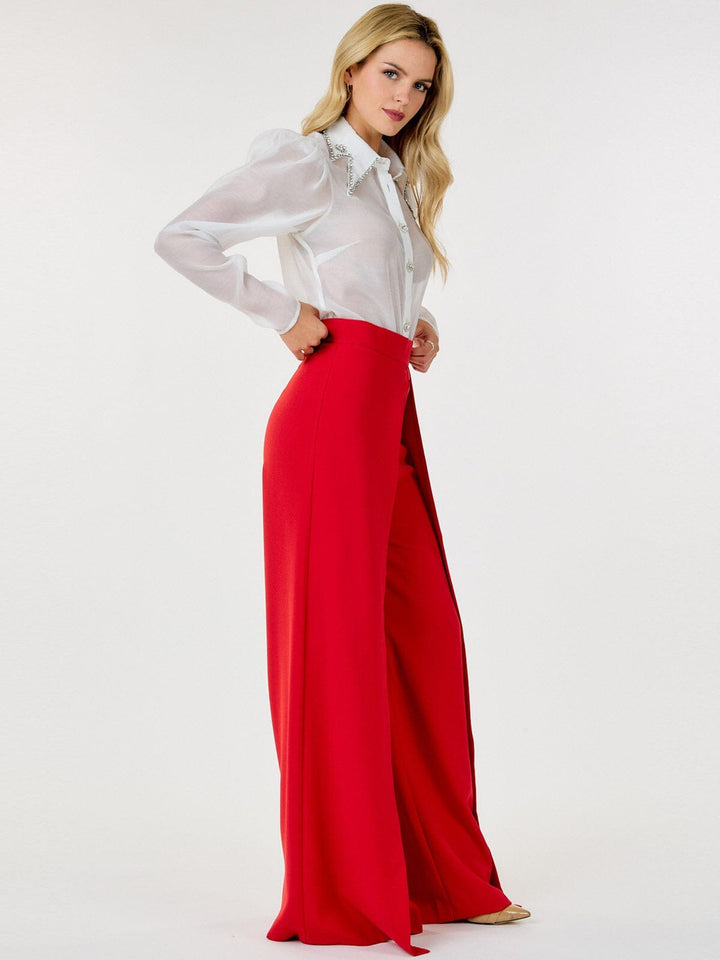 WOMEN'S ZIP UP PLEATED FRONT WIDE LEG PANTS