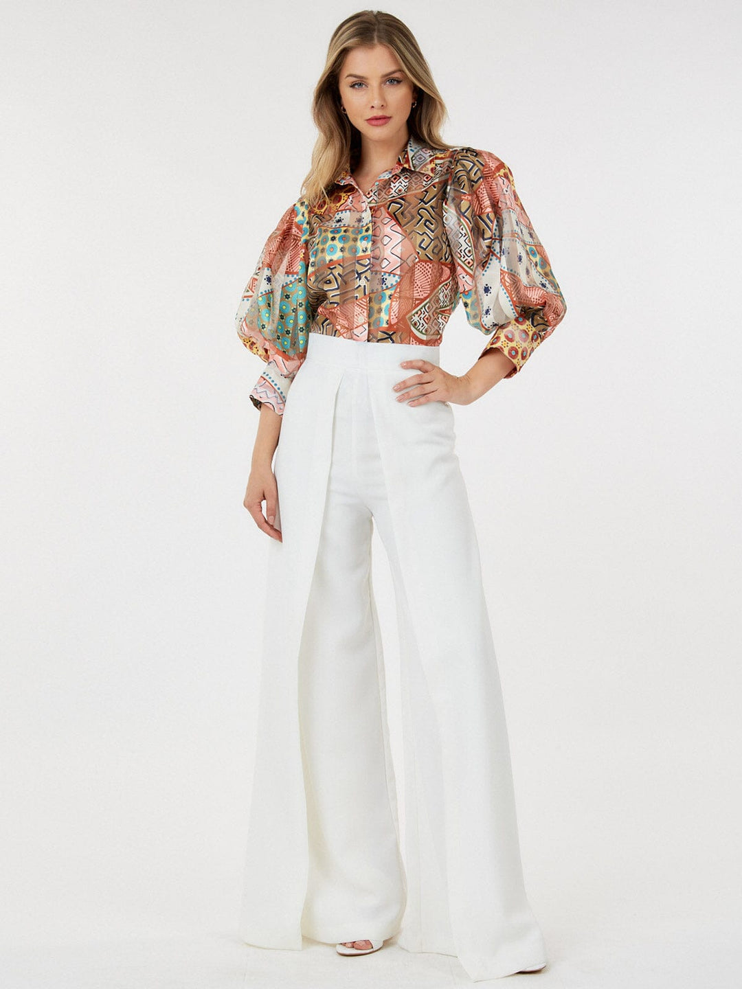 WOMEN'S ZIP UP PLEATED FRONT WIDE LEG PANTS