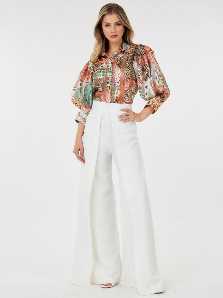 WOMEN'S ZIP UP PLEATED FRONT WIDE LEG PANTS