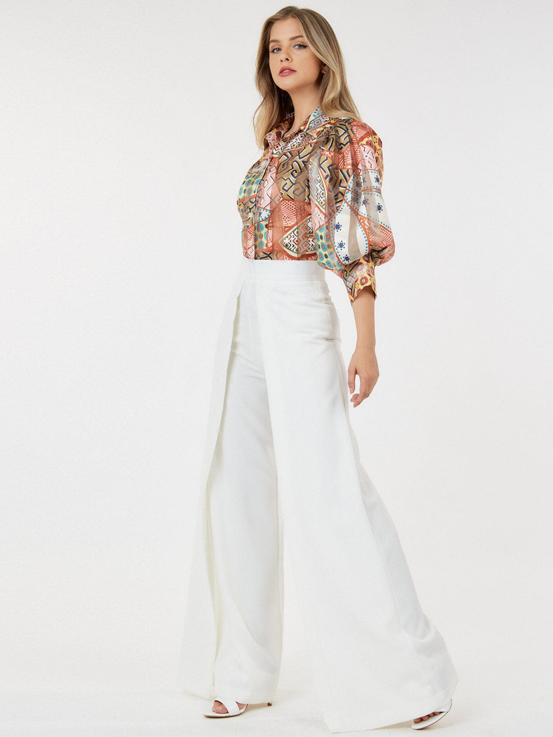 WOMEN'S ZIP UP PLEATED FRONT WIDE LEG PANTS