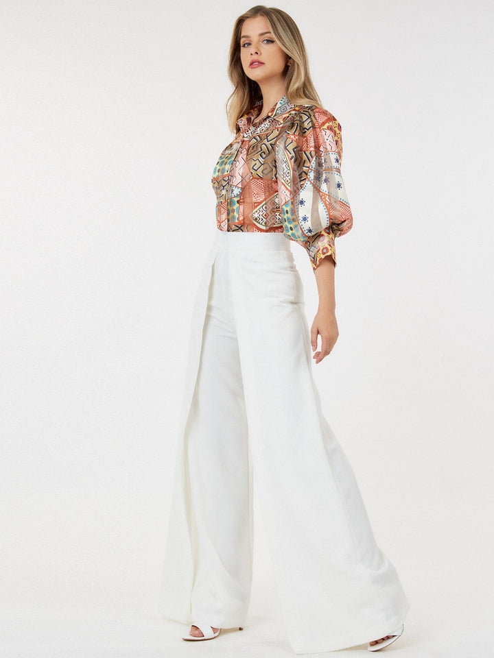 WOMEN'S ZIP UP PLEATED FRONT WIDE LEG PANTS