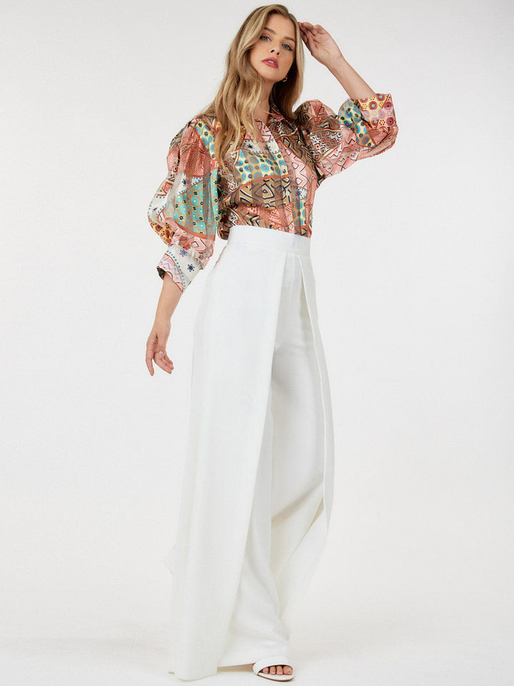 WOMEN'S ZIP UP PLEATED FRONT WIDE LEG PANTS