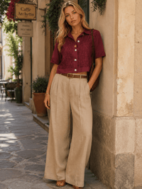 WOMEN'S SHORT SLEEVES BUTTON UP LACE DETAILED BLOUSE