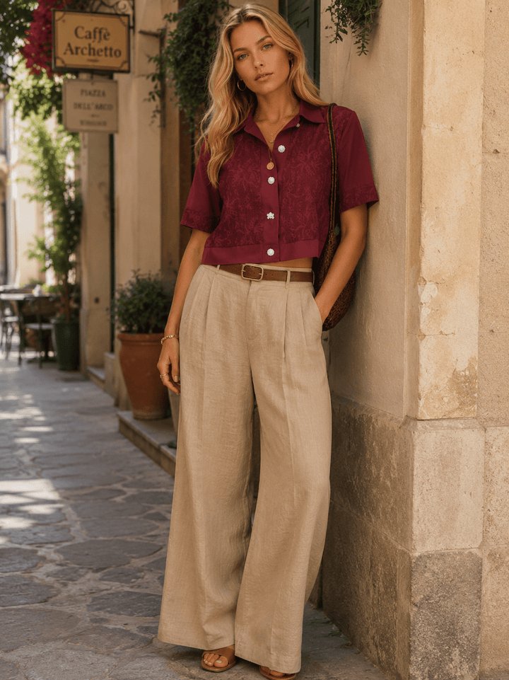 WOMEN'S SHORT SLEEVES BUTTON UP LACE DETAILED BLOUSE