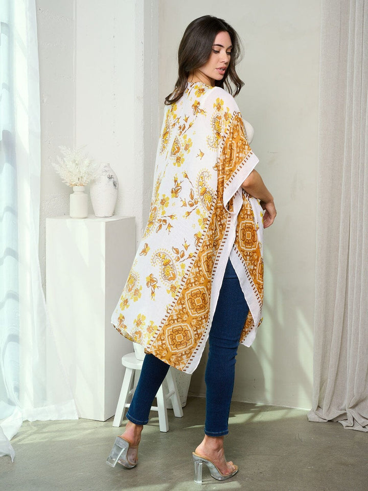 WOMEN'S SHORT SLEEVE OPEN FRONT PAISLEY PRINT KIMONO