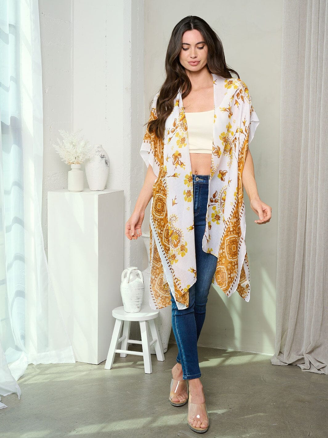 WOMEN'S SHORT SLEEVE OPEN FRONT PAISLEY PRINT KIMONO