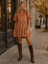 WOMEN'S SHORT SLEEVE V-NECK TUNIC MULTI PRINT MINI DRESS