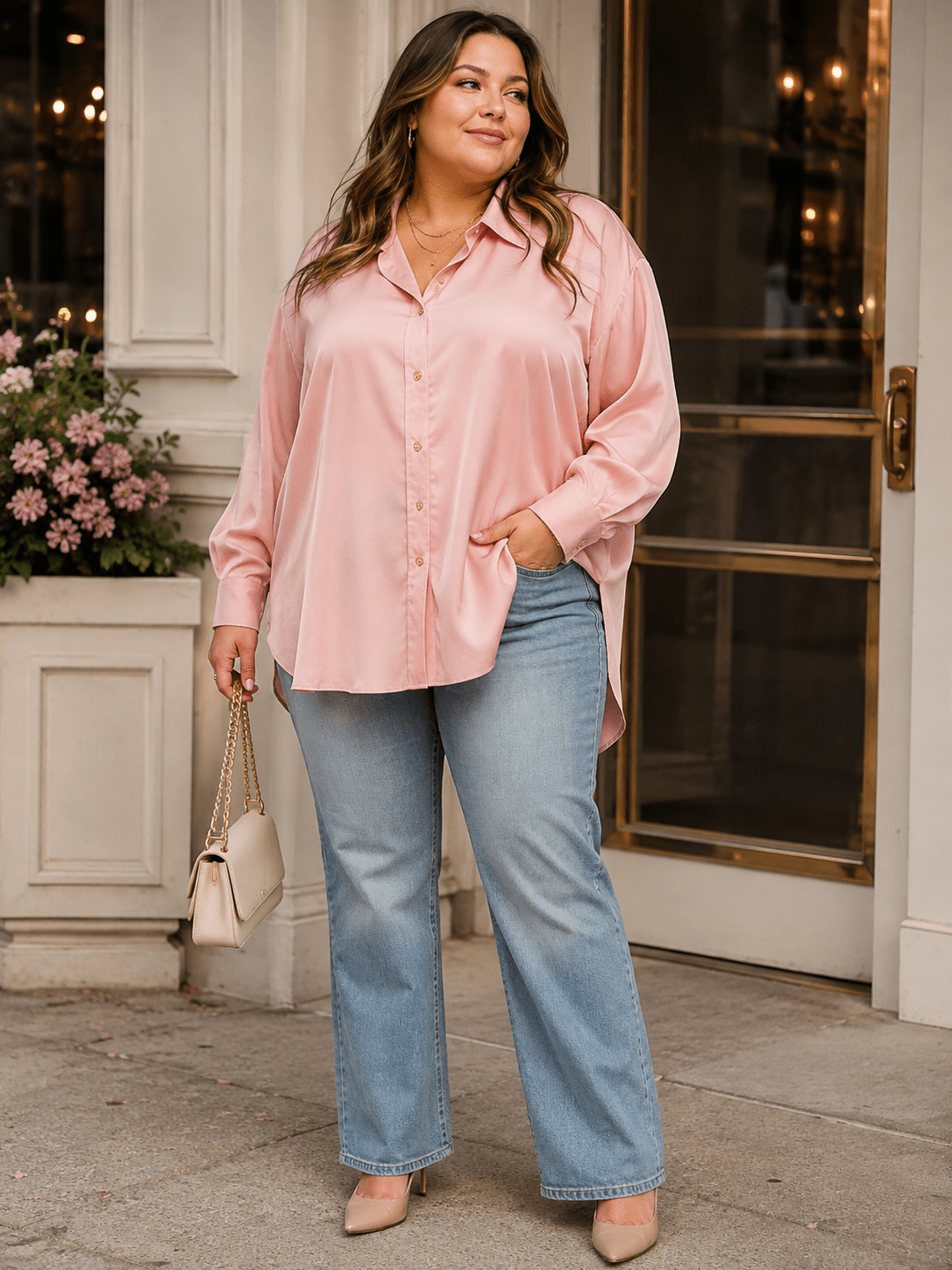 PLUS SIZE LONG SLEEVE BUTTON UP HIGH-LOW OVERSIZED BLOUSE