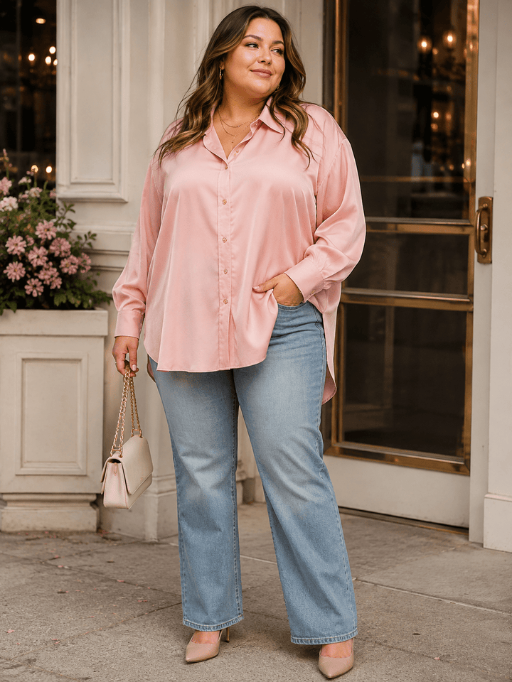 PLUS SIZE LONG SLEEVE BUTTON UP HIGH-LOW OVERSIZED BLOUSE