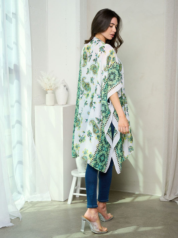 WOMEN'S SHORT SLEEVE OPEN FRONT PAISLEY PRINT KIMONO